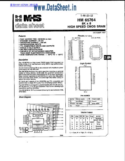 MHS HM 65764 8K x 8 High Speed CMOS SRAM Datasheet - cover page