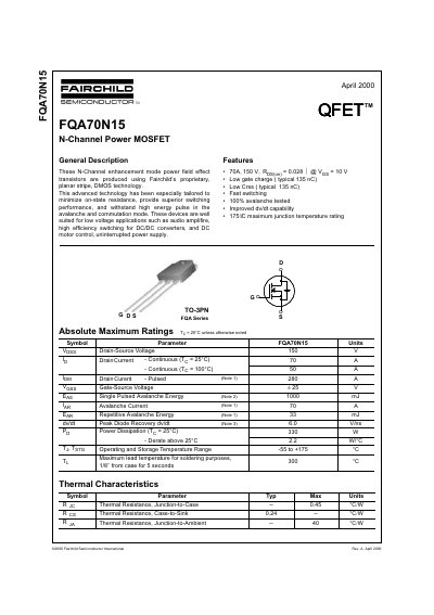 Fairchild Semiconductor FQA70N15 N-Channel Power MOSFET Datasheet - cover page