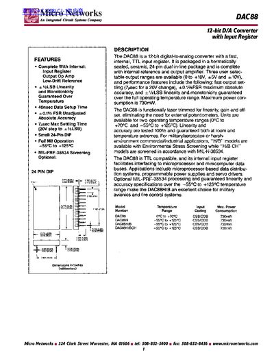 Micro Networks DAC88 12-bit D/A Converter Data Sheet - cover page