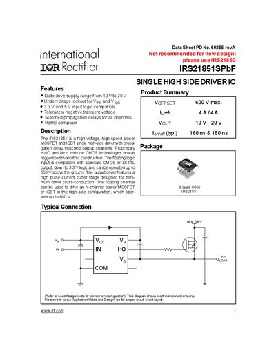 International Rectifier IRS21851SPbF High‑Side Driver Datasheet - cover page