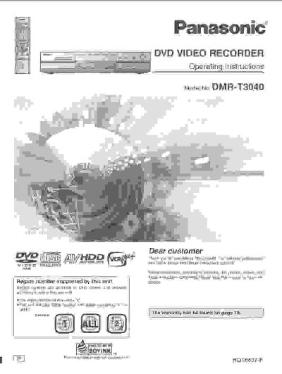 Panasonic DMR-T3040 DVD Video Recorder Operating Instructions - cover page