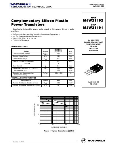 Motorola MJW21192/MJW21191 Bipolar Power Transistor Datasheet - cover page