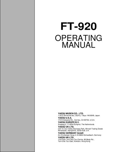 Yaesu FT-920 Transceiver Operating Manual - cover page