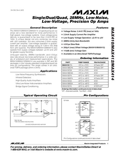 Maxim MAX410/MAX412/MAX414 Op Amp Datasheet - cover page