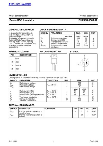 Philips BUK453-100A/B PowerMOS Transistor Datasheet