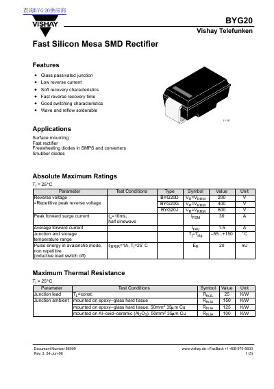 Vishay BYG20 Series Fast Silicon Mesa SMD Rectifier Datasheet - cover page