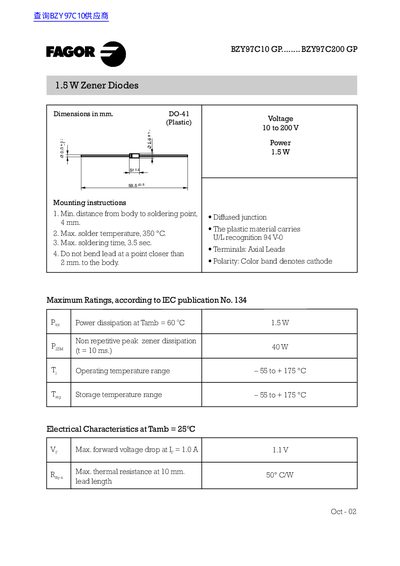 FAGOR BZY97C10 GP........ BZY97C200 GP Data Sheet - cover page