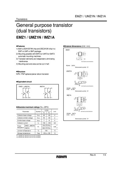 ROHM EMZ1 / UMZ1N / IMZ1A Transistor Datasheet - cover page