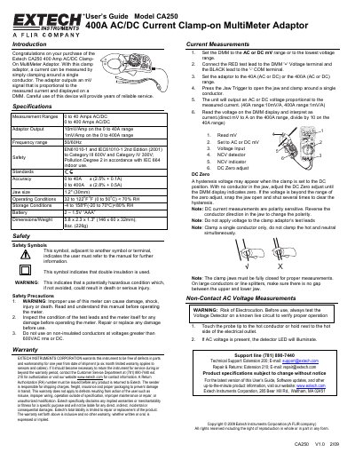 Extech CA250 400A AC/DC Current Clamp-on MultiMeter Adaptor User's Guide - cover page