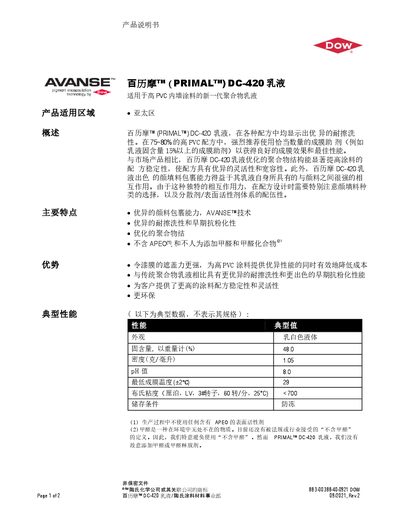Dow PRIMAL DC-420 Emulsion Product Data Sheet - cover page