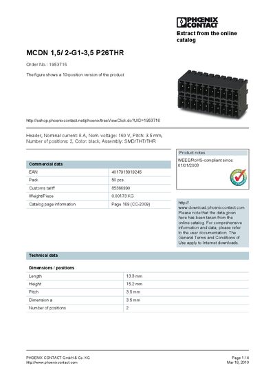 Phoenix Contact MCDN 1,5/2-G1-3,5 P26THR Datasheet - cover page