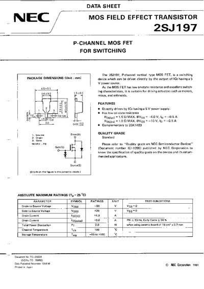 NEC 2SJ197 P-Channel MOS FET Datasheet - cover page
