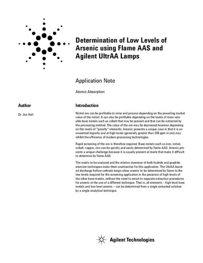 Agilent UltrAA Lamps Application Note for Arsenic Determination - cover page