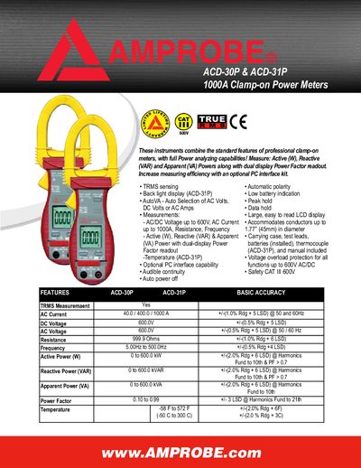 Amprobe ACD-30P/ACD-31P 1000A Clamp-on Power Meter Datasheet - cover page