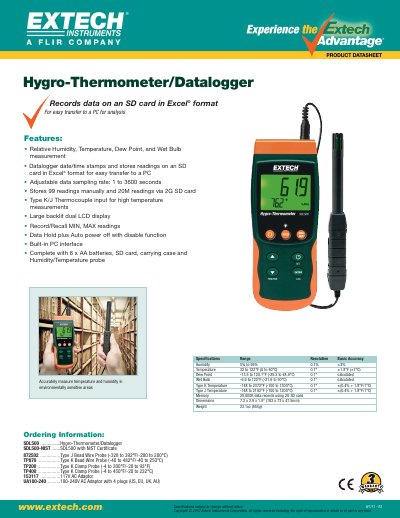 Extech SDL500 Hygro-Thermometer/Datalogger Product Leaflet - cover page