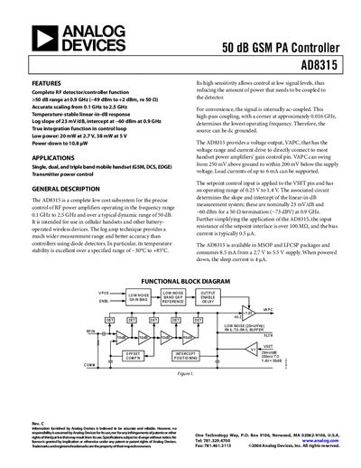 Analog Devices AD8315 RF Detector/Controller Product Handbook