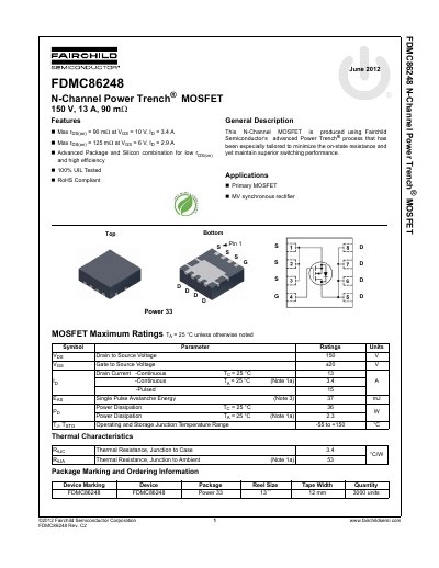 Fairchild FDMC86248 N-Channel Power Trench MOSFET Datasheet - cover page