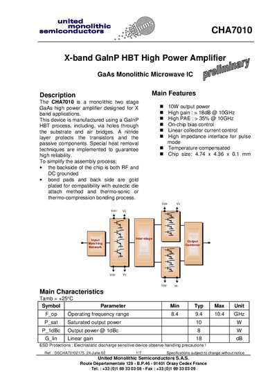 United Monolithic Semiconductors CHA7010 X-band High Power Amplifier Datasheet - cover page