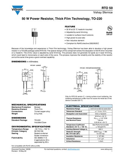 Vishay RTO 50 Power Resistor Datasheet - cover page