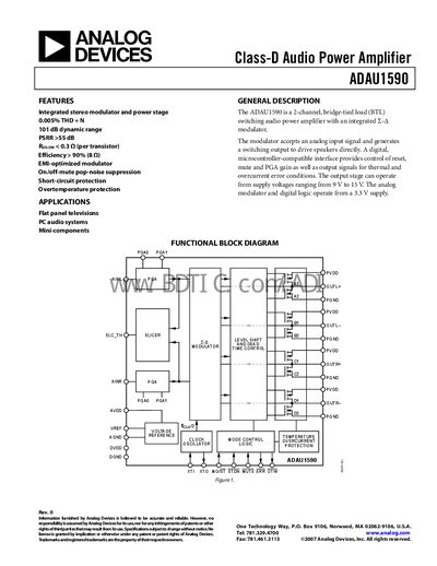Analog Devices ADAU1590 Class‑D Audio Power Amplifier Datasheet - cover page