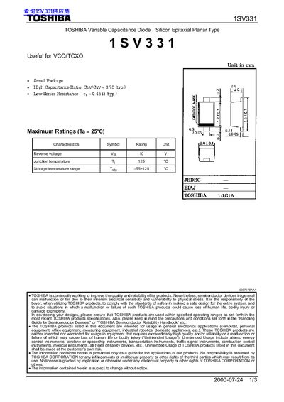 Toshiba 1SV331 Variable Capacitance Diode Datasheet - cover page