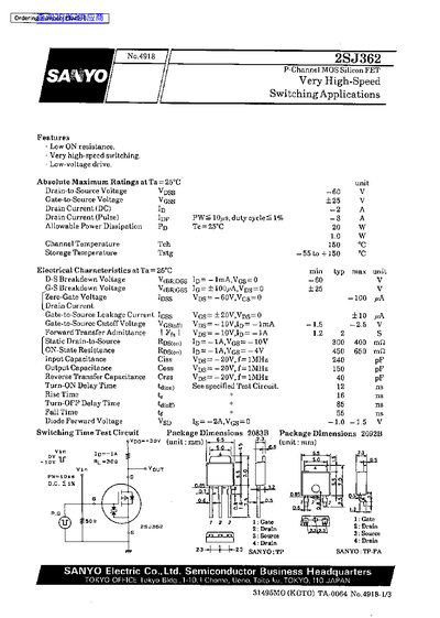 SANYO 2SJ362 P-Channel MOSFET Datasheet - cover page