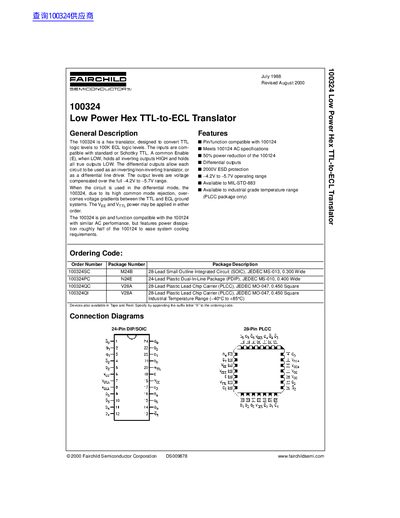 Fairchild 100324 Low Power Hex TTL-to-ECL Translator Datasheet - cover page