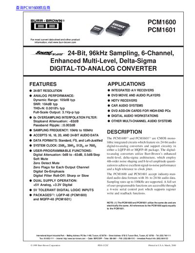 Burr-Brown PCM1600/PCM1601 Datasheet - cover page