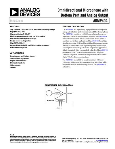 Analog Devices ADMP404 MEMS Microphone Datasheet - cover page