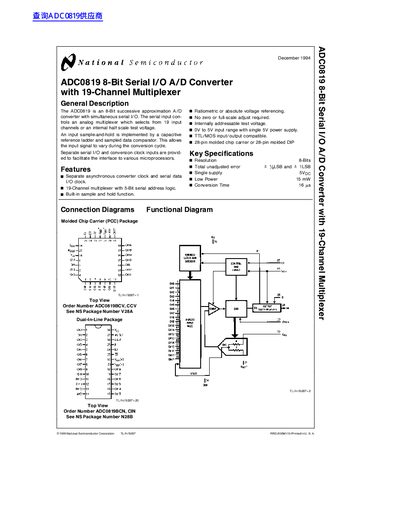 National Semiconductor ADC0819 8-Bit Serial I/O A/D Converter with 19-Channel Multiplexer handbook - cover page