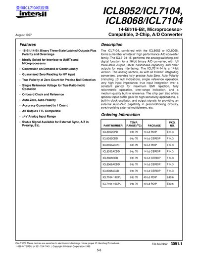 intersil ICL8052/ICL7104/ICL8068/ICL7104 handbook - cover page