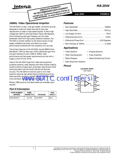 Intersil HA-2544 Operational Amplifier Datasheet - cover page