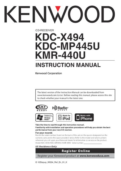 Kenwood KDC-X494 CD Receiver Instruction Manual - cover page