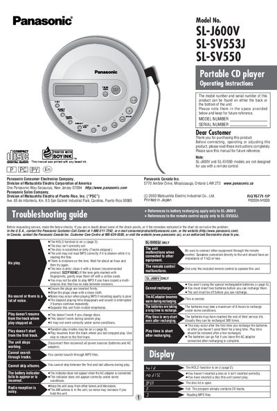 Panasonic SL-J600V/SL-SV553J/SL-SV550 Portable CD Player Operating Instructions - cover page