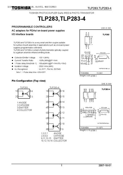 Toshiba TLP283/TLP283-4 Photocoupler Datasheet - cover page