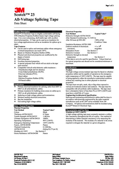 3M Scotch 23 All-Voltage Splicing Tape Data Sheet
