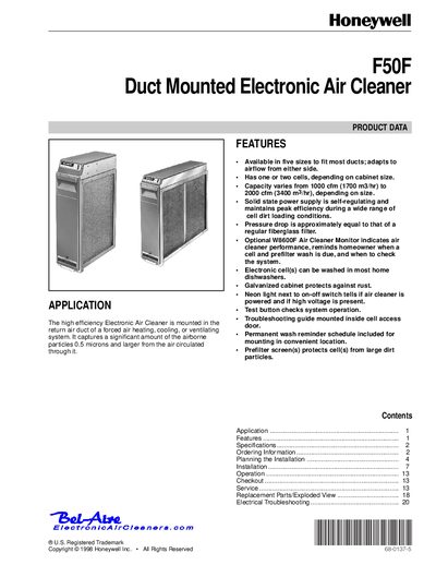 Honeywell F50F Duct Mounted Electronic Air Cleaner User Manual - cover page
