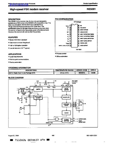 Philips Semiconductors NE5081 High-speed FSK Modem Receiver Datasheet - cover page