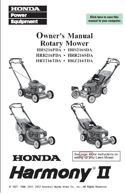 HONDA HRS216PDA/HRS216SDA/HRR216PDA/HRR216SDA/HRT216TDA/HRZ216TDA Rotary Mower user manual