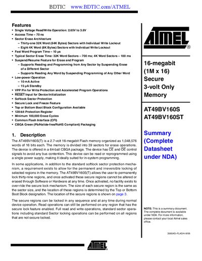 Atmel AT49BV160ST Flash Memory Datasheet Summary - cover page