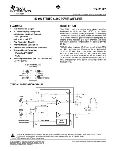 Texas Instruments TPA6111A2 Audio Power Amplifier Datasheet - cover page
