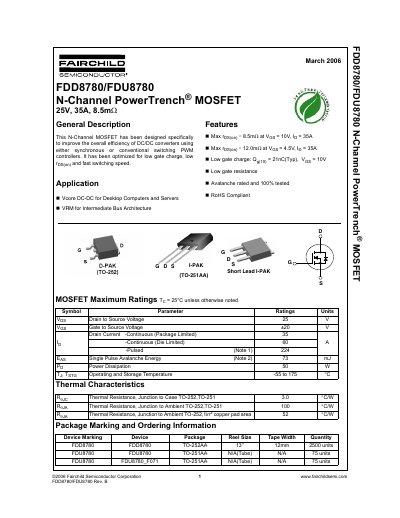 Fairchild FDD8780/FDU8780 N-Channel PowerTrench MOSFET Datasheet - cover page