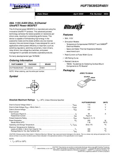 Intersil HUF75639S3R4851 N-Channel UltraFET Power MOSFET Datasheet - cover page