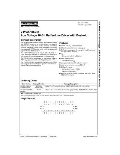 Fairchild 74VCXH16244 Low Voltage 16‑Bit Buffer/Line Driver Datasheet - cover page