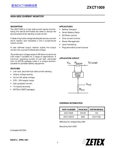 Zetex ZXCT1009 High-Side Current Monitor Datasheet