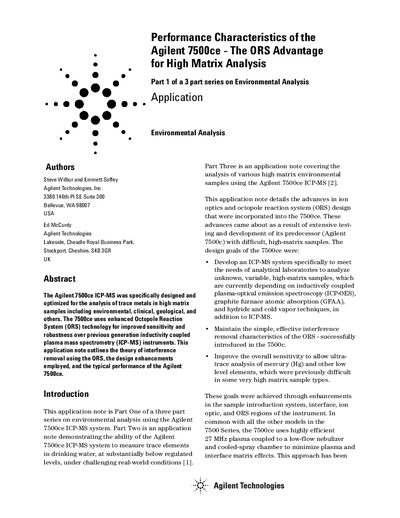 Agilent 7500ce ICP-MS Application Note: The ORS Advantage for High Matrix Analysis - cover page