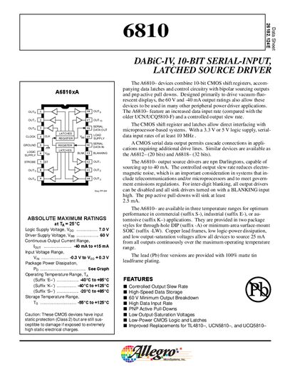 Allegro A6810 10‑bit Serial‑Input Latched Source Driver Datasheet - cover page