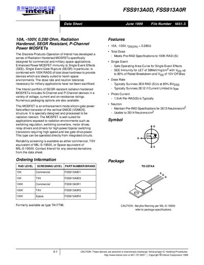 Intersil FSS913A0D/FSS913A0R Radiation Hardened MOSFET Data Sheet - cover page