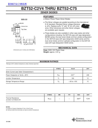 GENERAL SEMICONDUCTOR BZT52-C2V4 THRU BZT52-C75 Data Sheet - cover page