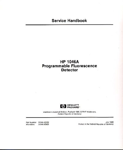Hewlett-Packard HP 1046A Programmable Fluorescence Detector Service Handbook - cover page